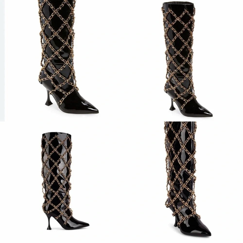 Jeffrey Campbell black patent gold Chanel chain boots size 7.5 - Picture 12 of 12
